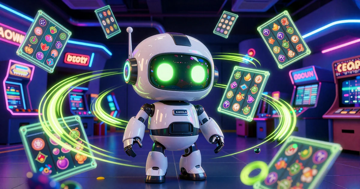 Caszilla Roboter-Maskottchen umgeben von schwebenden holographischen Slot-Rollen mit Neon-Symbolen in der Bot-Town-Arkade bei Casoola Casino