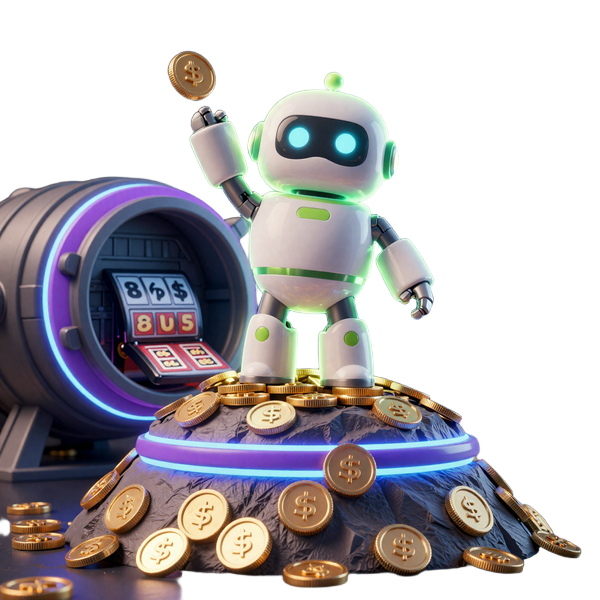 Roboter-Charakter Baz steht triumphierend auf einem Berg gl&uuml;hender Goldm&uuml;nzen und Jackpot-Tresor bei Casoola Casino