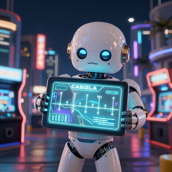 Caszilla Roboter-Maskottchen mit holographischer Auszahlungs-Zeitleiste auf Neon-Tablet im Bot-Town Finanzdistrikt