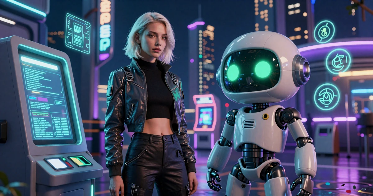 Modell und Caszilla Roboter-Maskottchen an neonbeleuchtetem Zahlungsterminal im Bot-Town Finanzdistrikt bei Casoola Casino