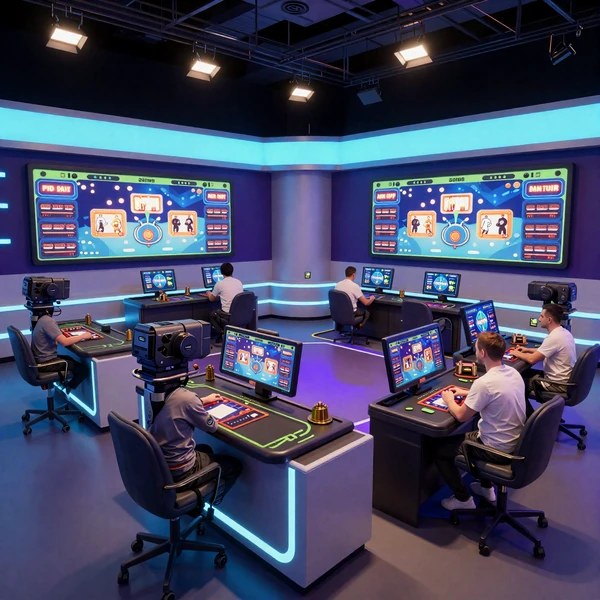 Professionelles Evolution Gaming Live-Studio mit mehreren Kamera-Winkeln und Roboter-Kamera-Operatoren im Casoola Live Casino