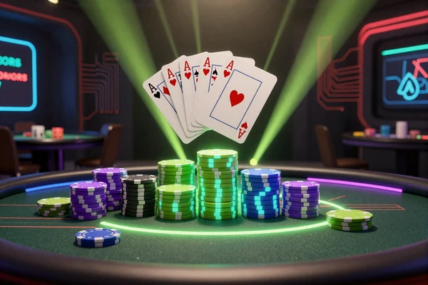 Live Poker Tisch mit neon-leuchtenden Chip-Stapeln und dramatischer Kartenaufdeckung im Casoola Live Casino
