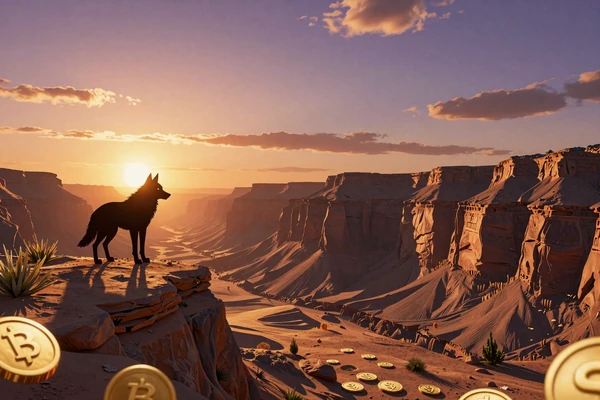 Wolf Gold Jackpot-Slot mit W&uuml;stenschlucht bei Sonnenuntergang und Wolf-Silhouette bei Casoola Casino