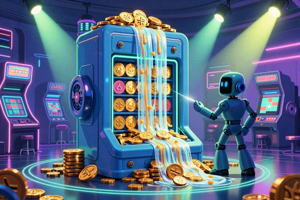 Progressive Jackpot-Kammer mit M&uuml;nzwasserfall und Caszilla-Silhouette im neonbeleuchteten Bot-Town