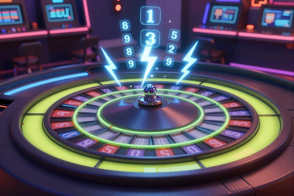 Lightning Roulette Tisch mit elektrischen blauen Multiplikator-Effekten und holographischen Zahlen im Casoola Live Casino