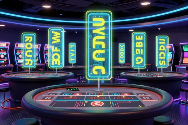 Internationale Live-Casino-Tische mit holographischen Sprach-Icons im neonbeleuchteten Casoola Live Casino