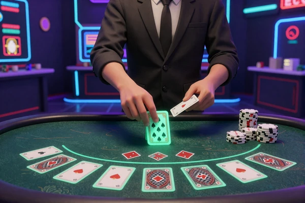 Live Blackjack Tisch mit holographischen Karten und Roboter-Dealer-Hand im neonbeleuchteten Casoola Live Casino