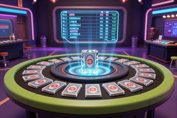 Eleganter Baccarat-Tisch mit kristallklarer Kartenbox und holographischem Score-Display im Casoola Live Casino