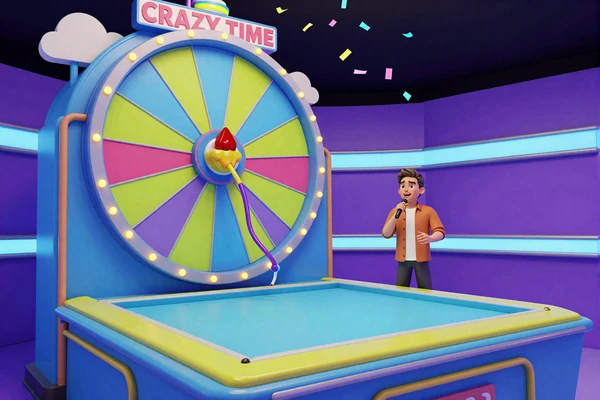 Crazy Time Game-Show-B&uuml;hne mit gro&szlig;em buntem Gl&uuml;cksrad und Live-Host im neonbeleuchteten Casoola Live Casino
