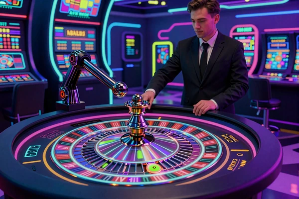 Live Dealer Roulette-Tisch mit holographischem Rad und Roboter-Arm in Casoola Live Casino