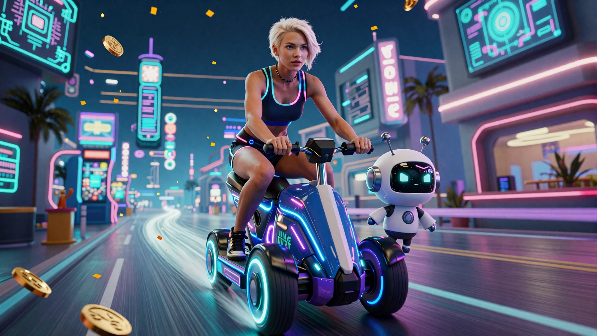 Modell und Caszilla Roboter-Maskottchen rasen auf Neongravicycle durch leuchtende Bot-Town-Nacht bei Casoola Casino