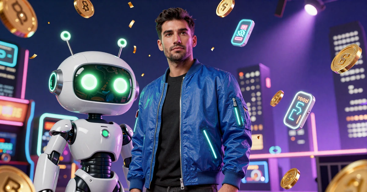 Modell im Bomberjacke neben Caszilla Roboter-Maskottchen mit Neom&uuml;nzen-Konfetti und holographischen Bonus-Chips im Bot-Town bei Casoola Casino Bonus