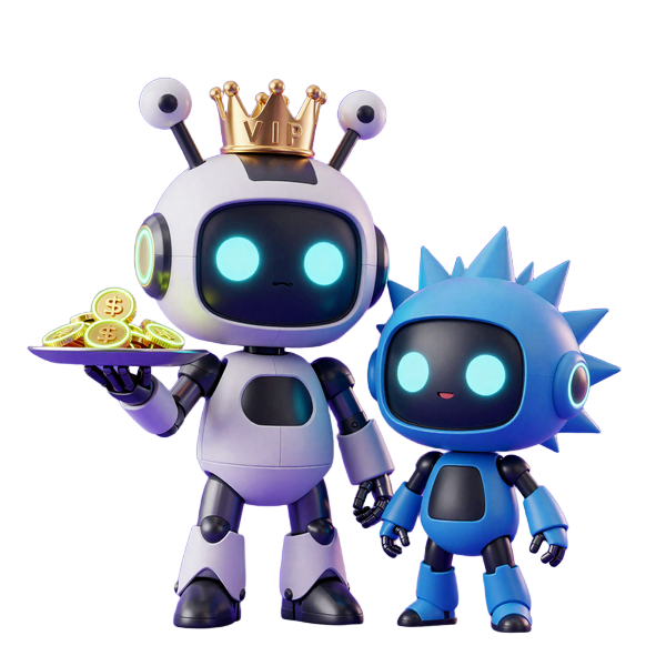 Caszilla Roboter-Maskottchen mit goldener VIP-Krone neben Spike mit Tablett voller Neom&uuml;nzen
