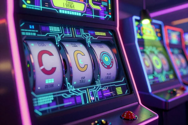 Neonbeleuchtete Slot-Automaten in holographischer Bot-Town-Arkade bei Casoola Online Slots