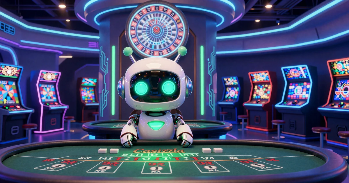 Caszilla Roboter-Maskottchen am Live-Dealer-Blackjack-Tisch mit holographischem Roulette-Rad in neonbeleuchtetem Bot-Town-Casino