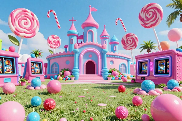 Sweet Bonanza Slot mit Candyland-Landschaft in Pink und Blau bei Casoola Casino